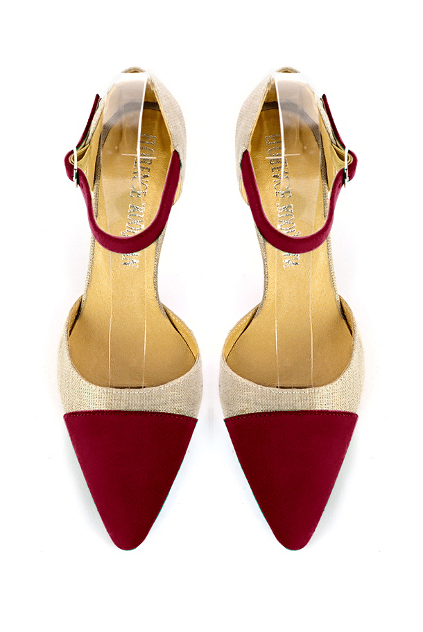 Women's burgundy red and gold open side dress shoes, with an instep strap. Tapered toe. Medium comma heels - Top view